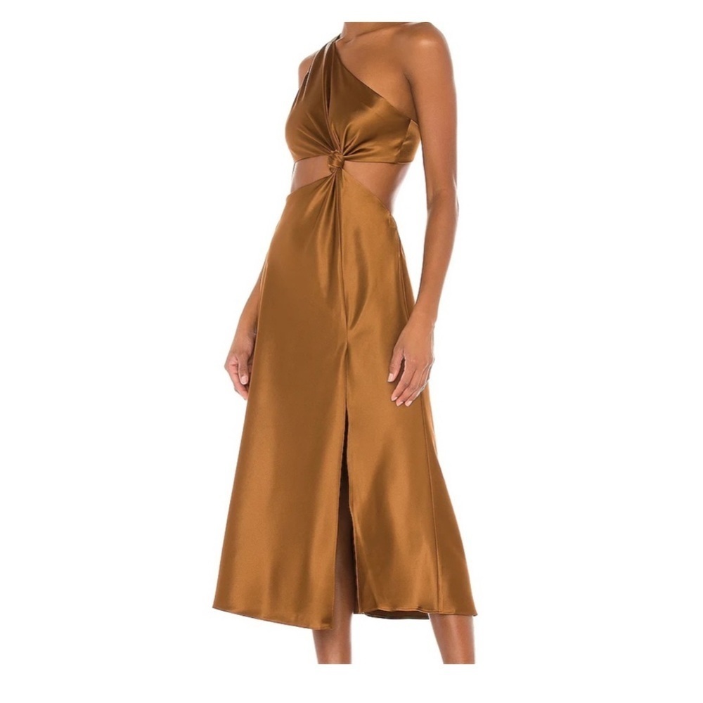 LPA One Shoulder Satin Imani Dress in Brown size L